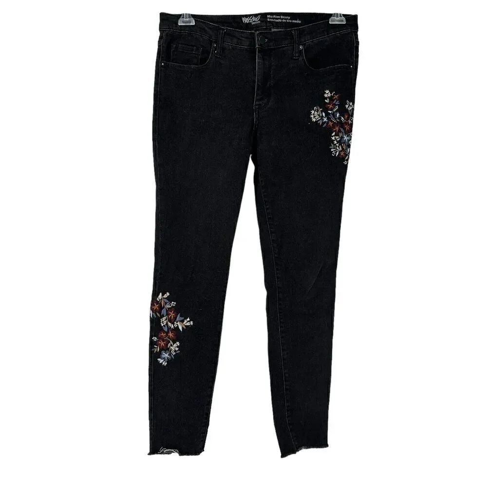 Mossimo Mid Rise Skinny Jeans Black Size 8 29 Waist Floral Embroidered Raw Hem